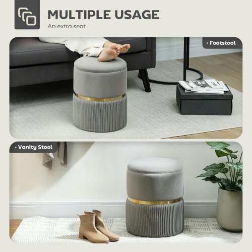 Wyld Haus Rivera Velvet Light Grey Ribbed Storage Ottoman Gold Accent