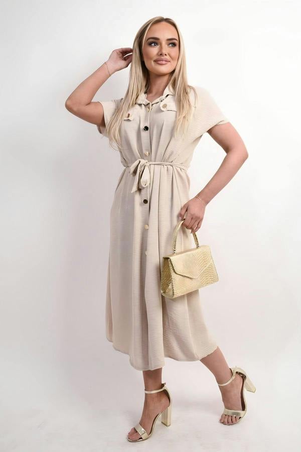 Annie Collared Button Down Short Sleeve Tie Waist Midi Dress - Beige