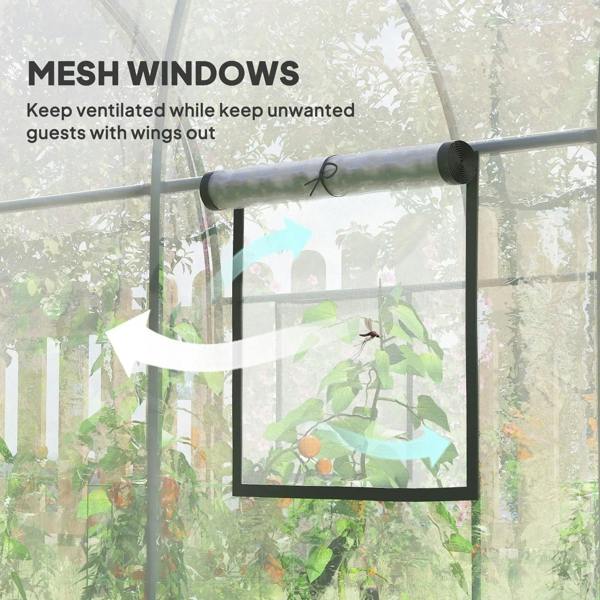 Clear greenhouse with mesh window panel and arched steel frame for ventilation