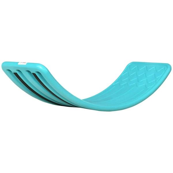 Kids wobble balance board, curved teal plastic with textured tread on top surface.