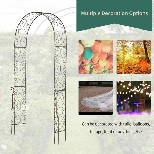 Black metal arch trellis with ornate scrollwork frame for decorative display