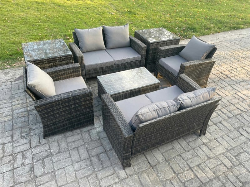 Fimous Garden Furniture Sets 7 Pieces Outdoor Rattan Furniture Manual Wicker Patio Sofa Chair Set with Coffee Table 2 Side Tables Dark Grey Mixed