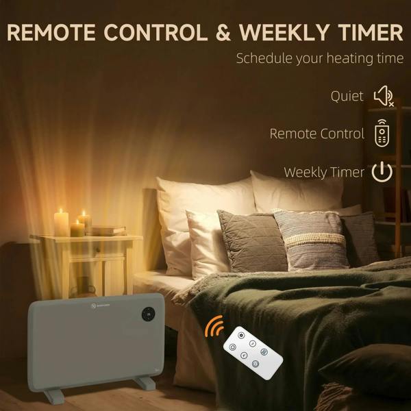 Grey electric convector heater with remote control on display beside a bed