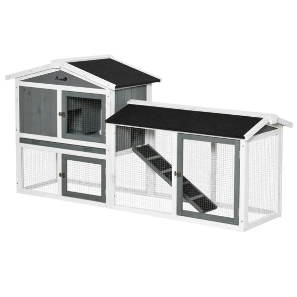 White 2-tier guinea pig hutch with mesh panels, ramp, and enclosed wooden houses