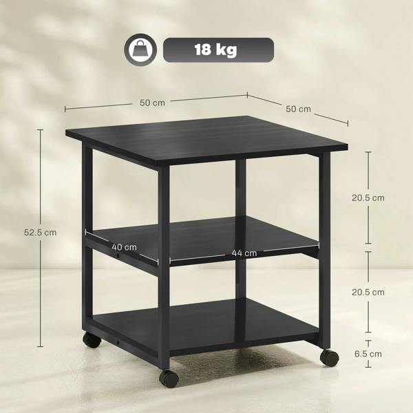 Three-tier black steel printer stand with wheels, three open storage levels