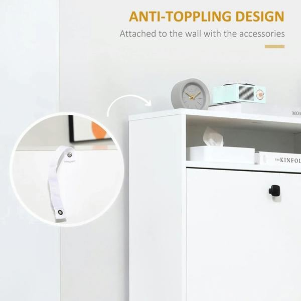 White shoe cabinet top with anti-tipping wall bracket and safety hardware