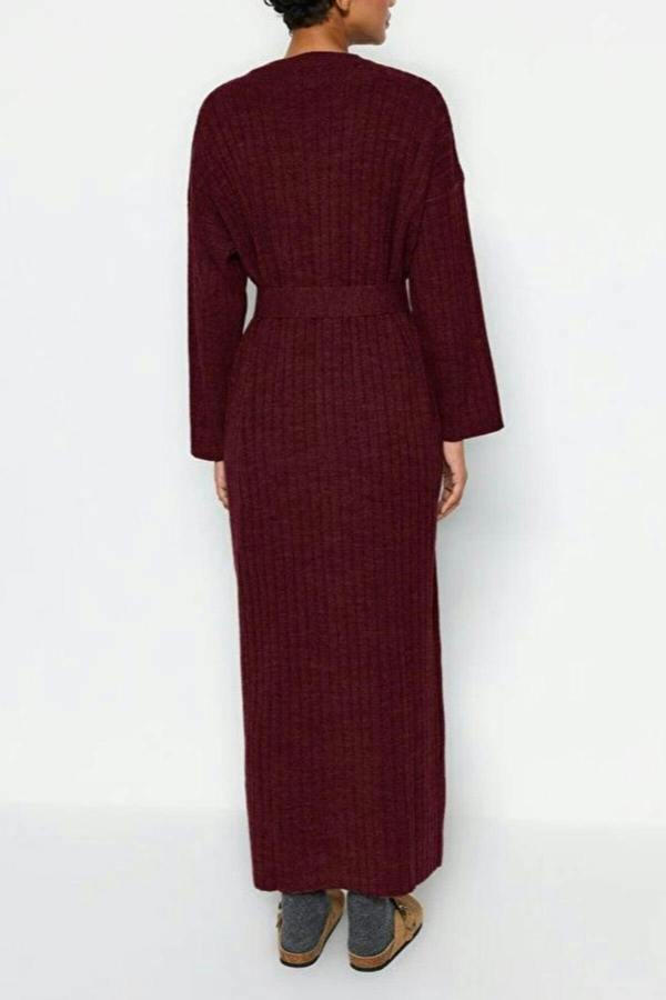 WOVCOR Ribbed Knitted Dress with Belt Detail