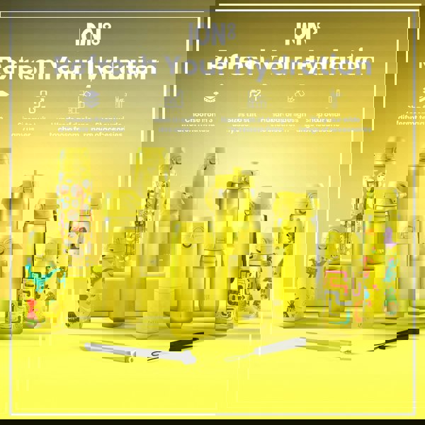 Several yellow ION8 water bottles, of varying sizes and designs, are displayed on a yellow surface. A gray straw and carrying strap are also shown. The background promotes the product's features, including material choices, sizes, and designs.