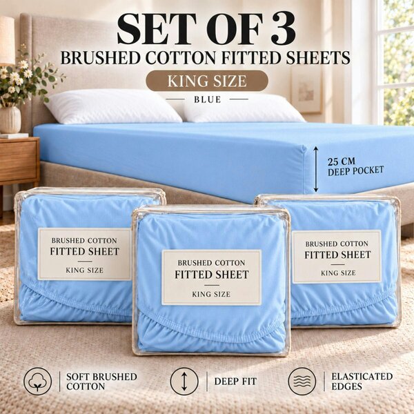 Smart Living 3 Pack Brushed Cotton Fitted Sheets - Blue - King (150cm x 200cm) + 25cm Deep