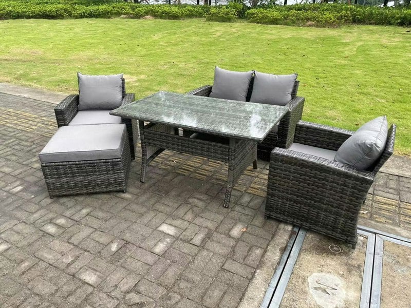 Fimous 5 Seater Outdoor Dark Grey Mixed High Back Rattan Sofa Dining Table Set Love Seat Garden Furniture Big Footstool