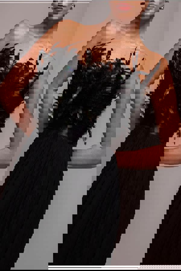 Feather Off The Shoulder Pleated Evening Maxi Dress - Black DR3233