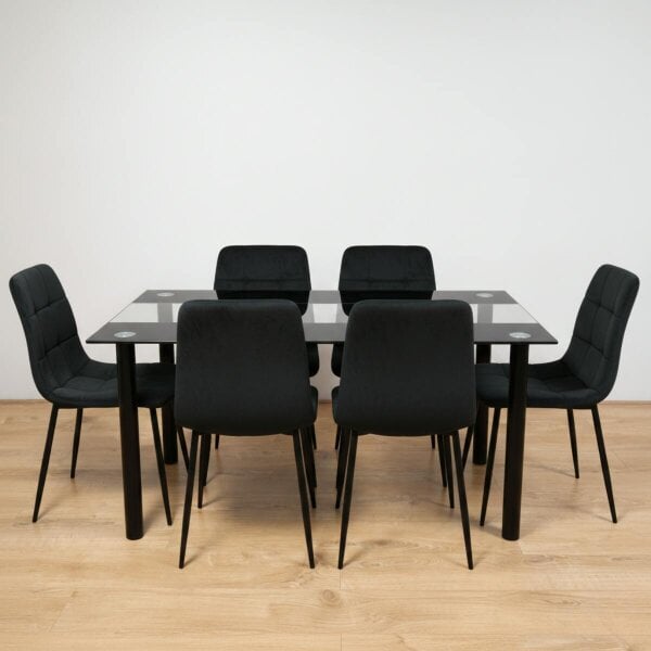 Kosy Koala Black Glass Dining Table Set With 6 Black Velvet Chairs For Dining Room And Kitchen Furniture