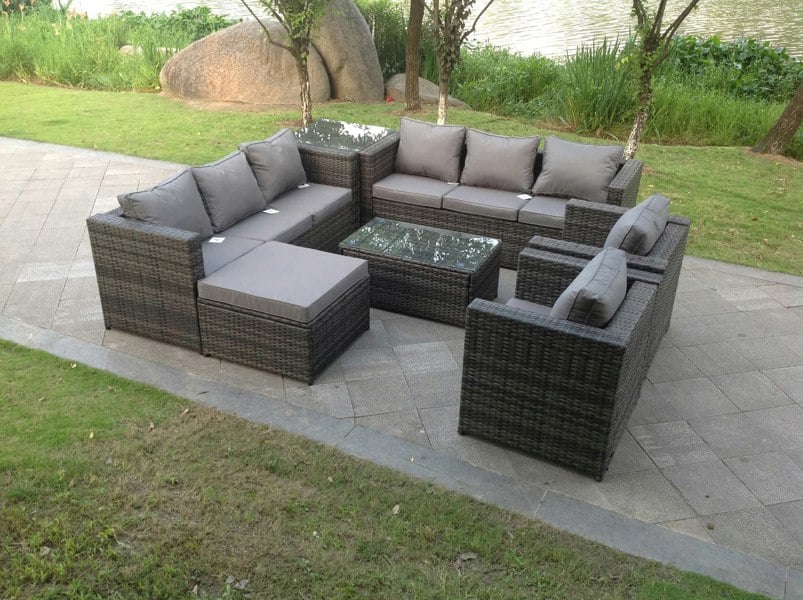 Fimous Outdoor Rattn Garden Furniture Sofa Set Rectangular Coffee Table Lounge Sofa Chair Footstool With Side Coffee Table