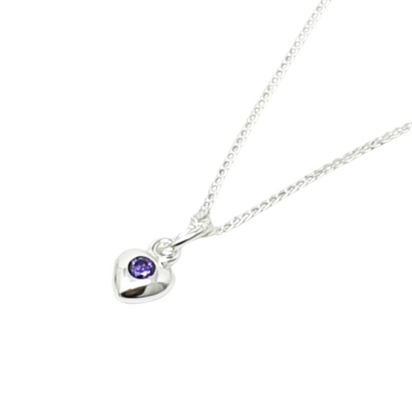 Mini Amethyst February Birthstone Heart Silver Necklace