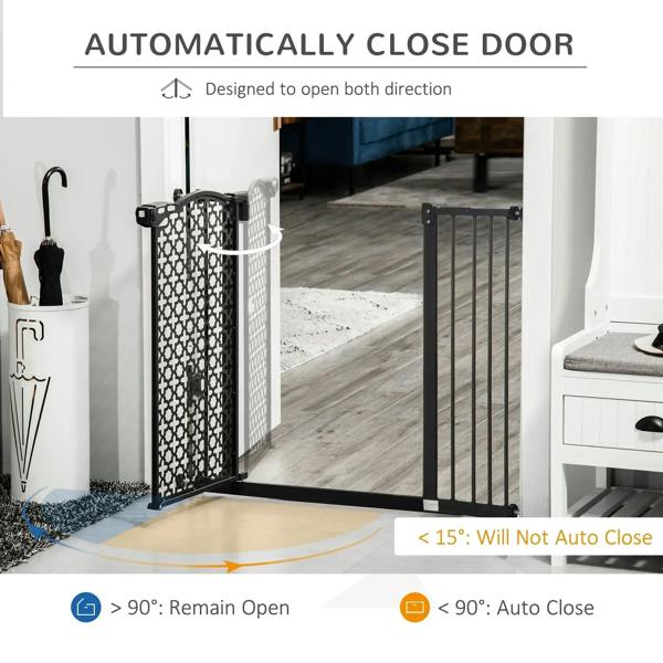 Black pet safety gate with white patterned mesh panel near a doorway
