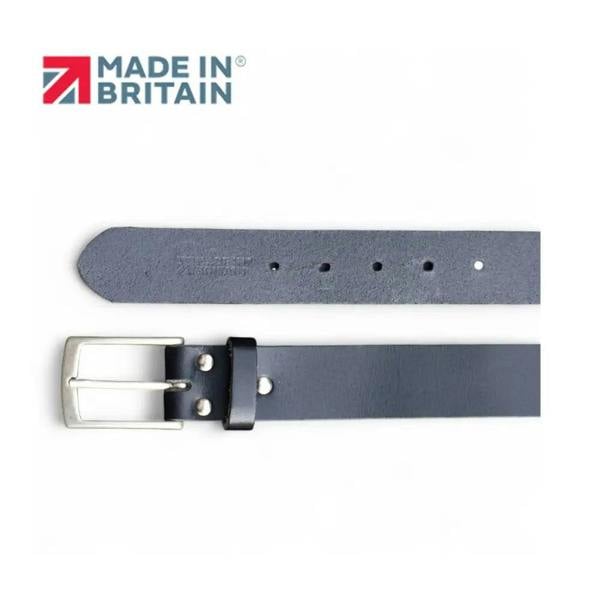 Black leather belt with silver buckle on a white background, featuring 'Made in Britain' logo.