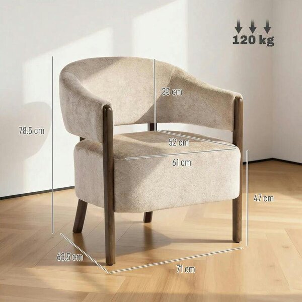 Accent Chair, Chenille Upholstered Tub Chair with Wide Seat, Solid Wood Frame and Legs, Comfy Armchair, Beige