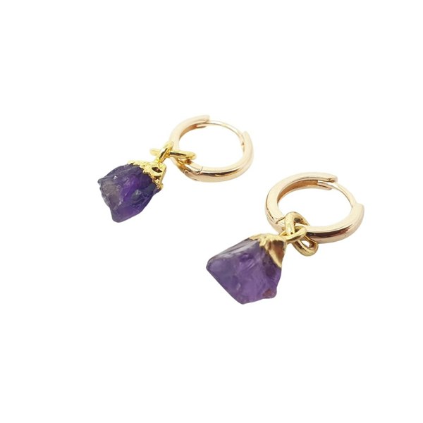 Raw Amethyst February Birthstone Gold Plated Huggies