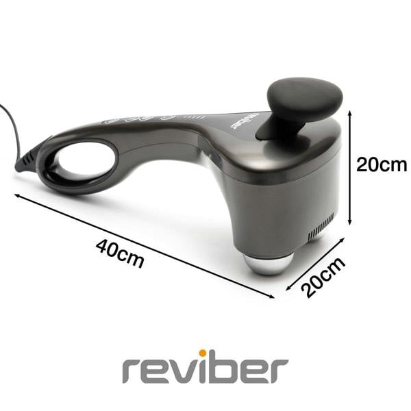 The Reviber Hot and Cold Percussion Massager by Reviber is a gray handheld device with a handle, rounded massage head for muscle relief, and the logo at the bottom. Dimensions: 40cm (L) x 20cm (H) x 20cm (D).