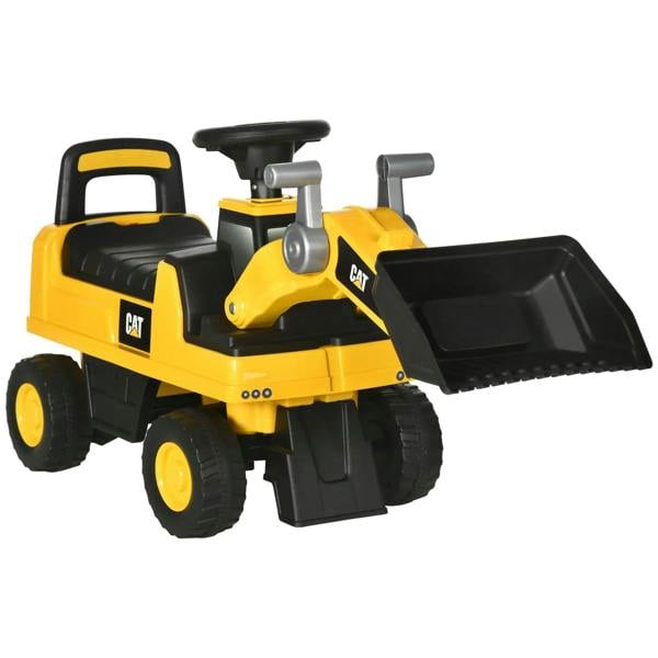 Yellow CAT kids construction ride-on excavator with black front bucket and wide wheels