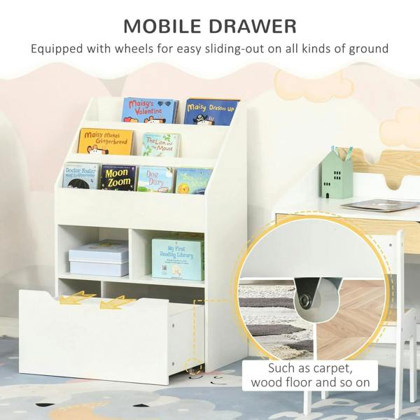 White kids bookshelf organizer on wheels with open shelves and pull-out drawer