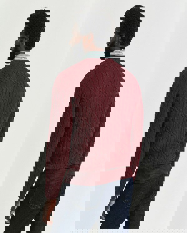 GANT Mens Cotton Cable Knit Crew Neck Jumper - 677 Bordeaux Melange - CHO - Designer Mens Crew Neck Jumpers