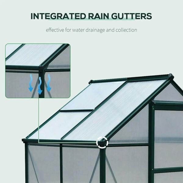 Dark green polycarbonate greenhouse with integrated roof rain gutters