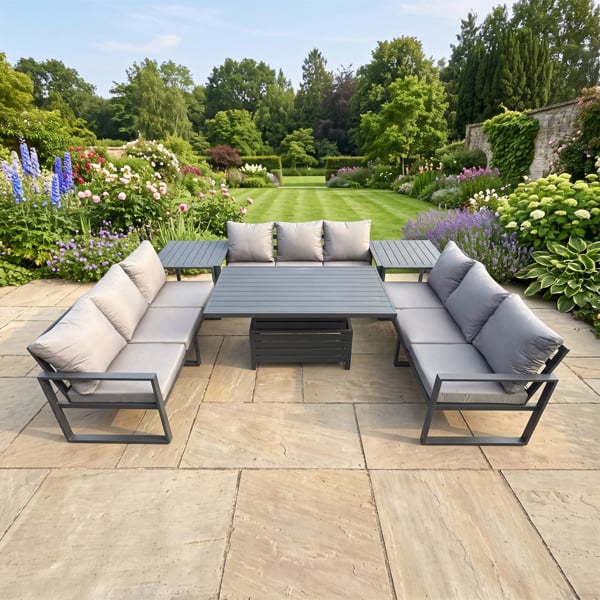 Fimous 9 Seater Aluminium Garden Furniture Set with Adjustable Rising Dining Table, 2 Side Tables - Dark Grey