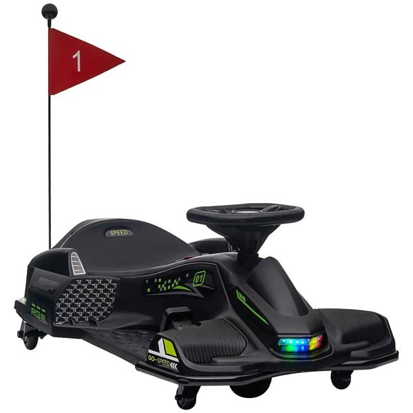 Black kids electric go-kart with LED dashboard lights and steering wheel, front view
