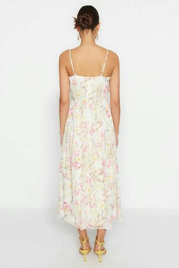 WOVCOR Floral Patterned A-Line Lined Maxi Woven Dress with Ruffle Detail