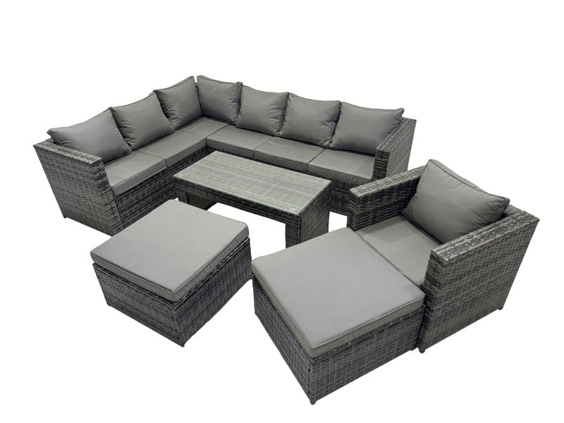 Fimous 6 Pieces Outdoor PE Rattan Garden Furniture Corner Sofa Oblong Coffee Table Set with Cushions 2 Big Footstools Dark Grey Mixed