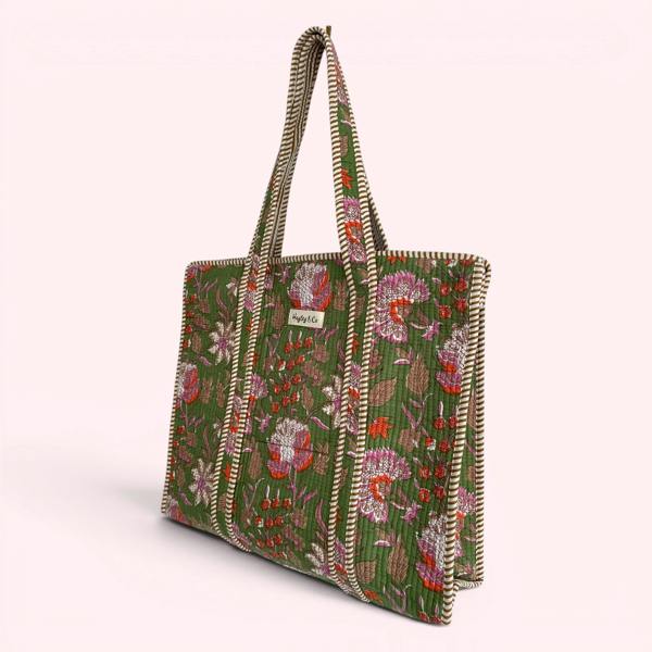 Hayley & Co Green Floral Block Print Quilted Cotton Tote Bag