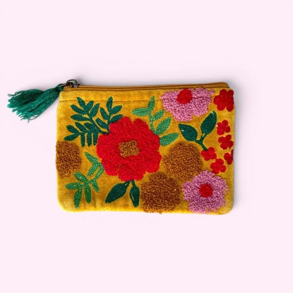 Hayley & Co Embroidered Velvet Coin Purse | Yellow Floral