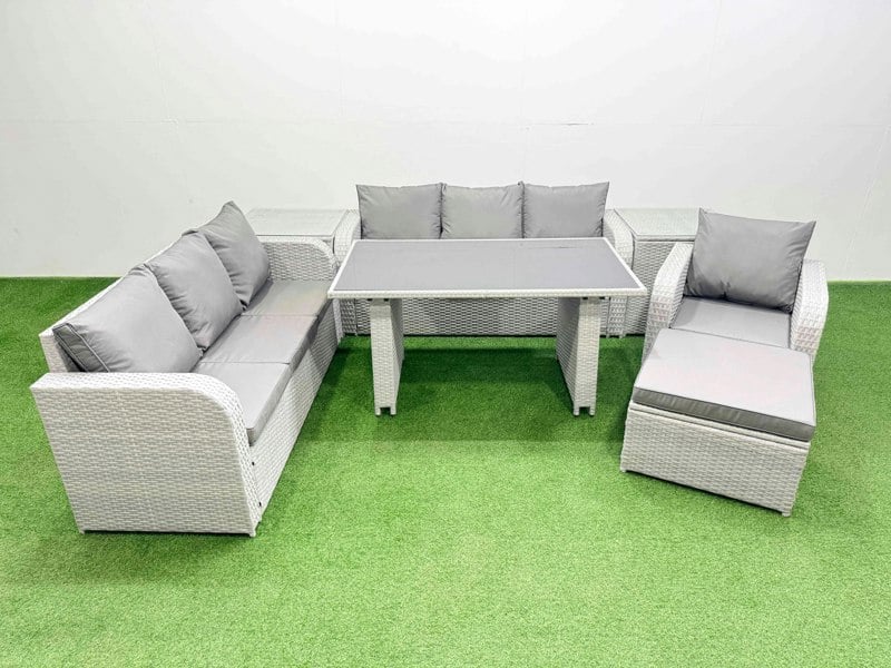 Fimous Rattan Garden Furniture Dining Set 8 seater Patio Rectangular Table Sofa Set with 2 Side Tables Big Stool Light Grey
