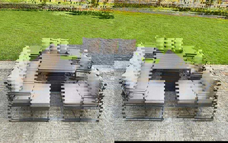 Fimous 10 Seater Aluminium Garden Furniture Set with Adjustable Rising Dining Table, 2 Chairs, 2 Footstools & 2 Side Tables - Grey