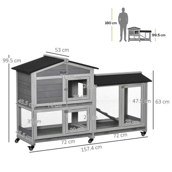 Grey two-compartment rabbit hutch with black roofs, mesh panels, ramp, and caster wheels