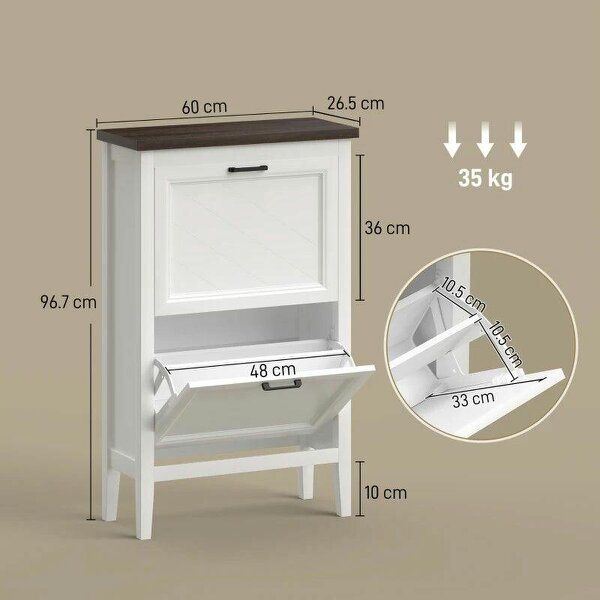 Shoe Cabinet with 2 Flip Drawers, Farmhouse Narrow Shoe Storage Cabinet with Adjustable Shelves, White