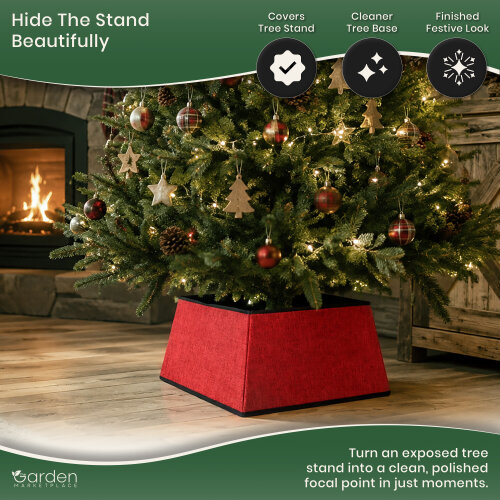 Square Red Christmas Tree Skirt, Cosy Fabric Stand Cover for 1.5–2.1m Trees, Easy Unfold Design, 48cm x 48cm Base, 25cm High