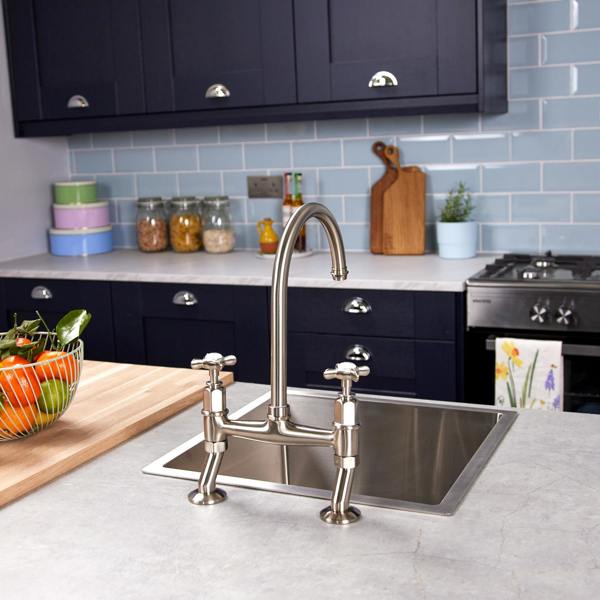 Flode Larvik | Kitchen Crosshead Bridge Mixer Tap | Pewter Finish