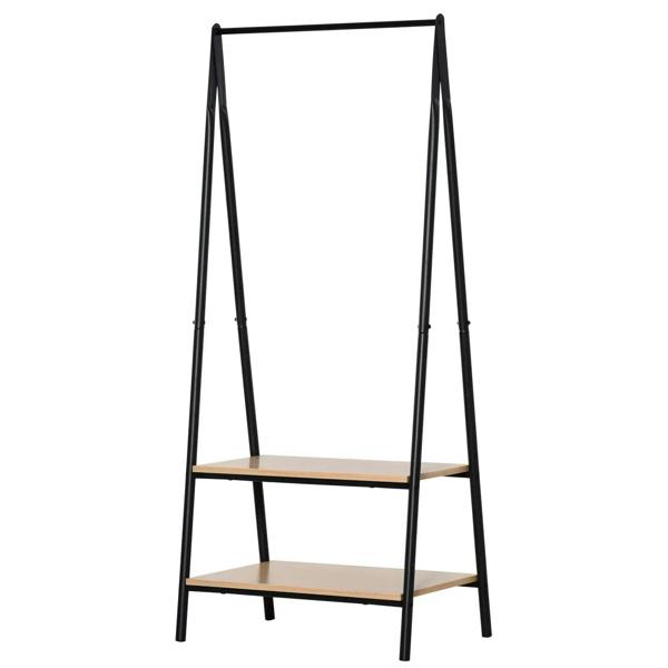 Freestanding black metal clothes rack with two-tier wooden shelves for hanging clothes