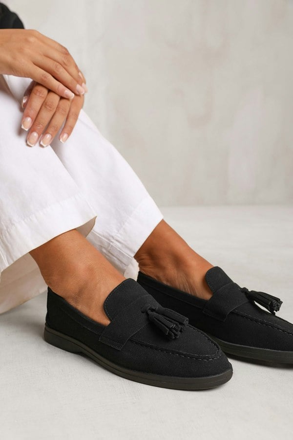 Where's That From Kenya Slip on Loafer With Tassel Detailing in Black Suede