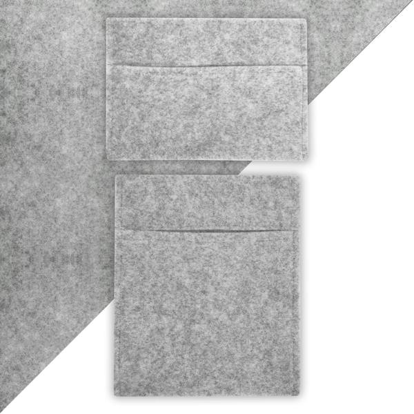 Silver grey storage pouches made of soft felt, featuring a sleek design with a smooth texture and two spacious compartments