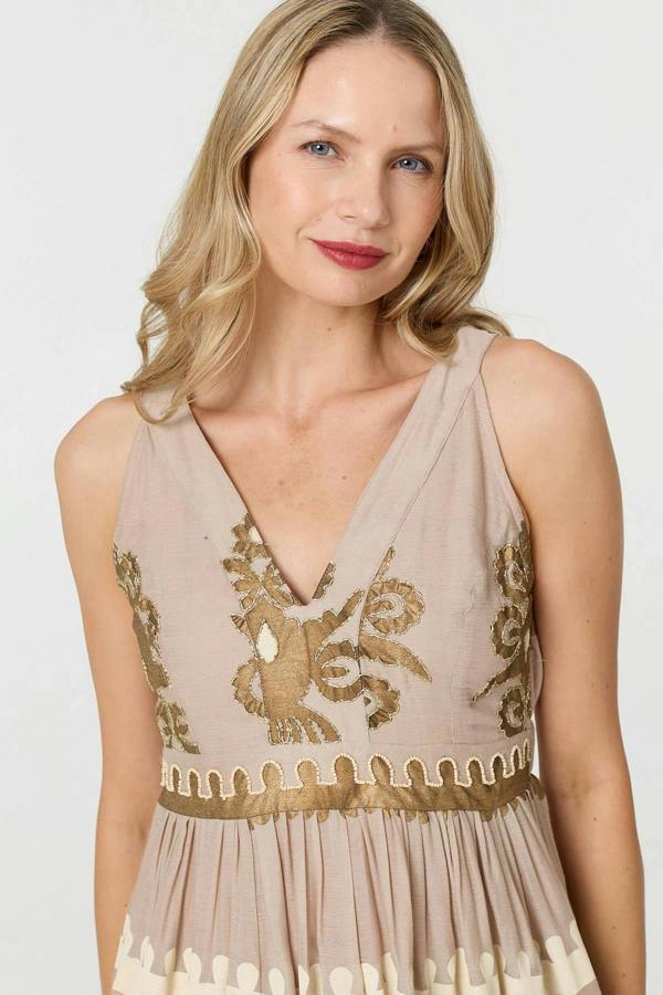 Brown | Printed Ruched Sleeveless Maxi Dress