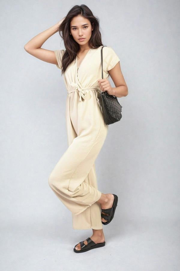 Alessandra Belted V Neck Jumpsuit With Side Pockets - Beige
