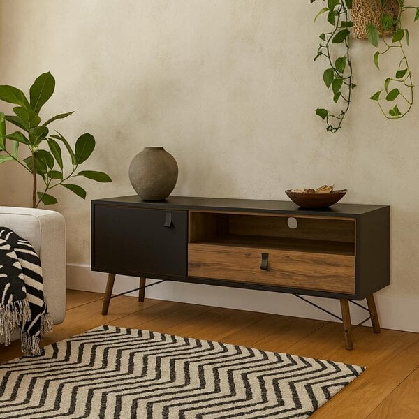 Wyld Haus Juno Black and Walnut Wood TV Unit 1 Door 1 Drawer and Open Shelf
