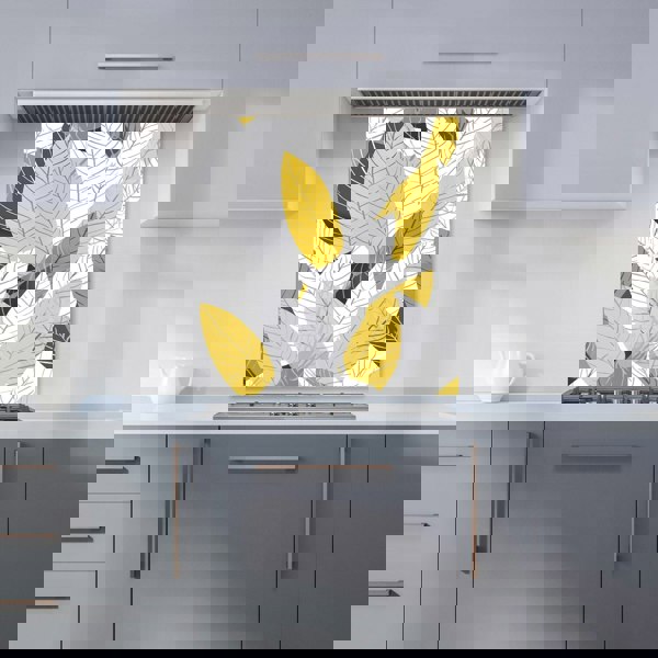 Warren Reed - Designer Yellow Grey Feather Leaves Kitchen Splashback