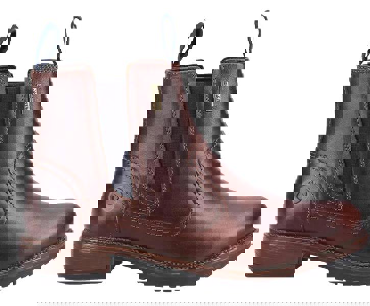 Cotswold Laverton Womens Waterproof Classic Pull On Leather Ankle Boots, Close-up of brown leather ankle boots with elastic side panels and pull tabs, featuring waterproof label and rugged outsole for durability.