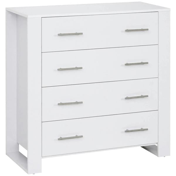 White freestanding 4-drawer storage cabinet with metal bar handles and slim legs