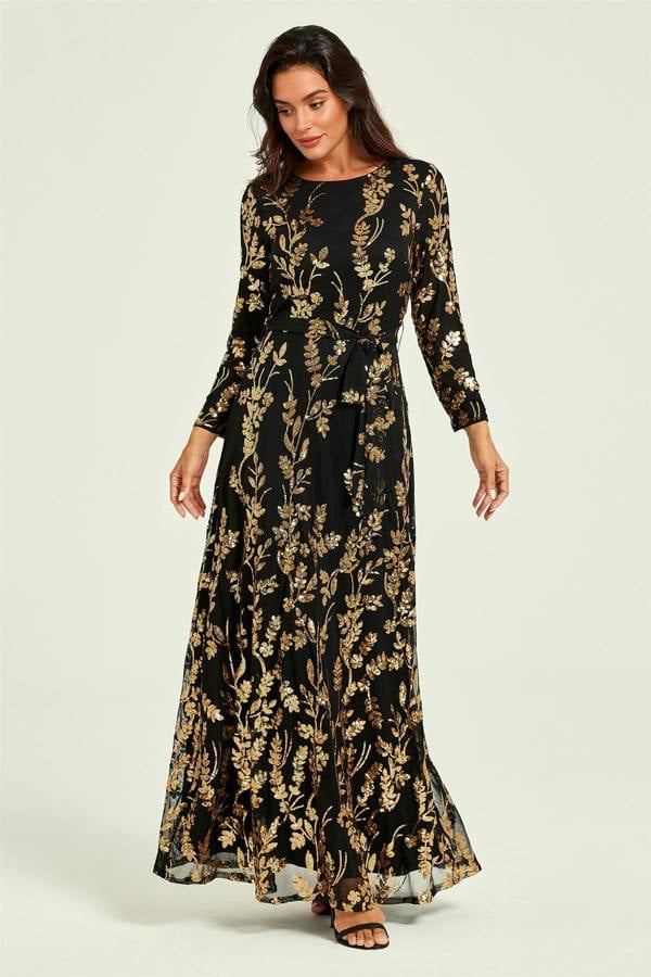 FS Collection Gold Sequin Leaf Long Sleeve Bridesmaid Maxi Dress In Black