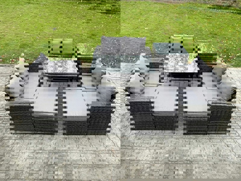 Fimous Outdoor Lounge Sofa Set - Dark Grey Mixed PE Wicker Rattan Garden Furniture with Rectangular Dining Table & 2 Big Footstools